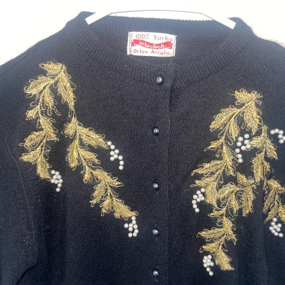 Vintage Black Cardigan with Gold Embroidery & Pearls Sz XS/S